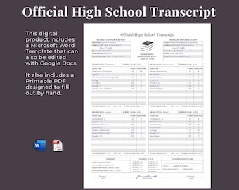 Fillable Printable High School Transcript Template Homeschool - Etsy