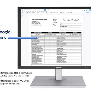May include: A computer screen displaying a Google Docs document titled "Cleaning Proposal". The document is a cleaning service proposal template with a table listing areas to be cleaned and services required. The document is editable with Google Docs, FREE with a Gmail account.