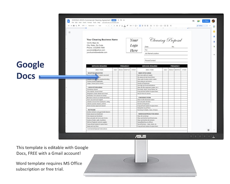 May include: A computer screen displaying a Google Docs document titled "Cleaning Proposal". The document is a cleaning service proposal template with a table listing areas to be cleaned and services required. The document is editable with Google Docs, FREE with a Gmail account.