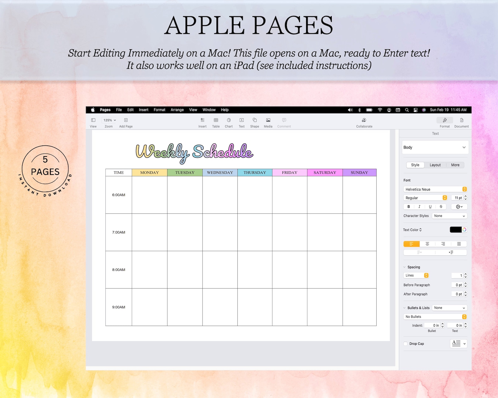 EDITABLE Weekly Schedule Template, WORD, Google Docs, Apple Pages ...