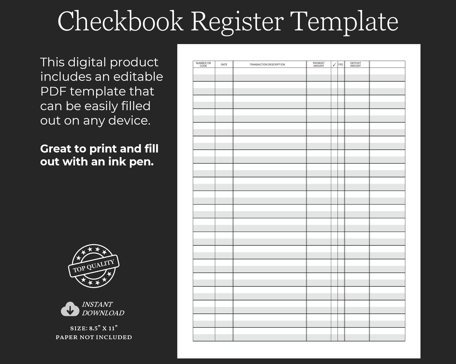 Printable Checkbook Register Template Check Register Etsy