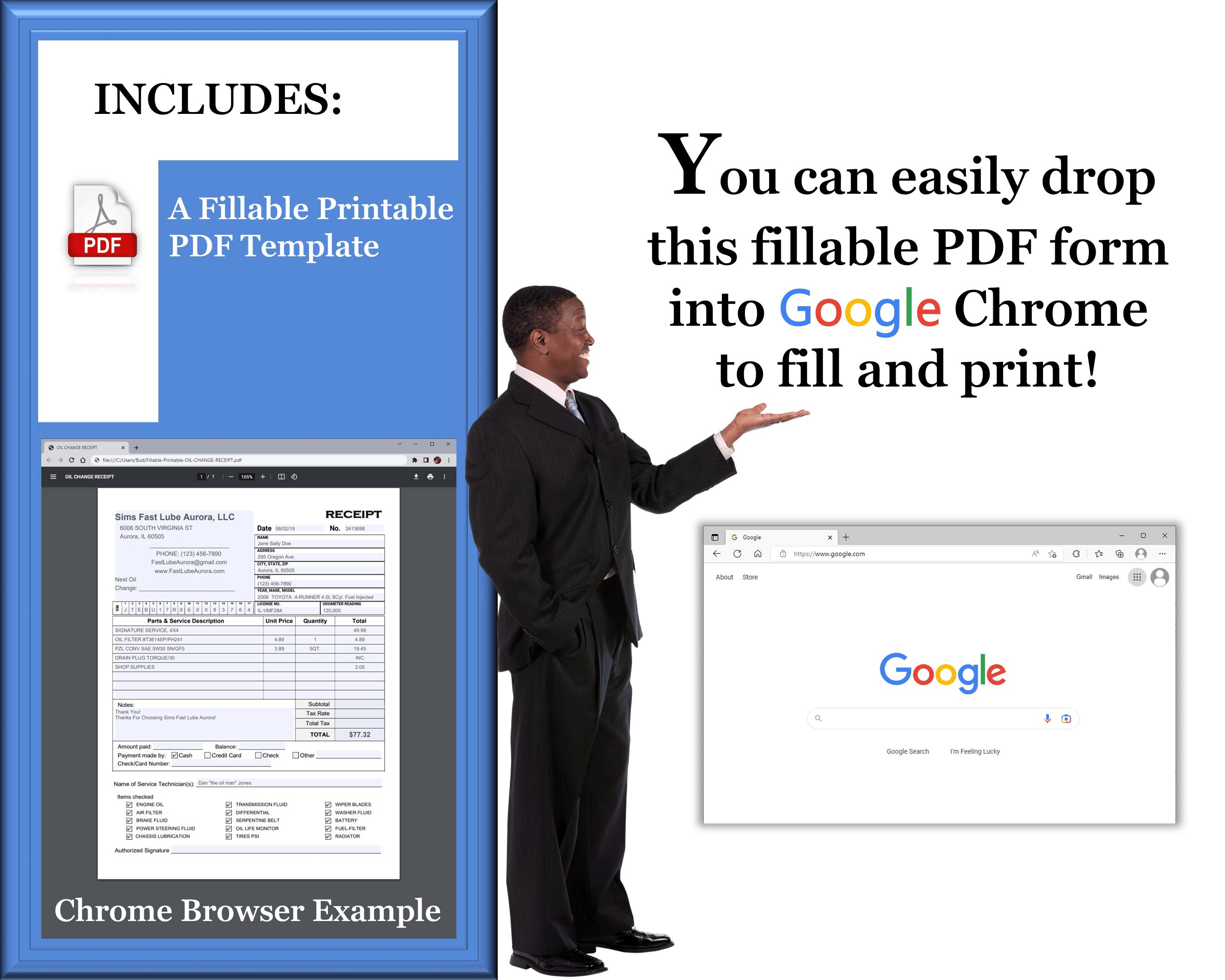 Oil Change Receipt, Automotive Service Invoice, Editable PDF Auto