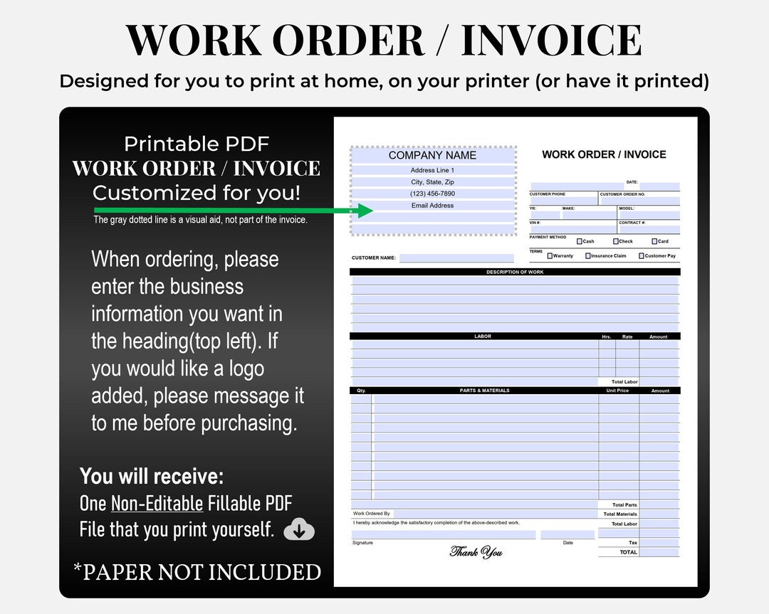 Auto Repair Invoice, Auto Repair Work Order, Mechanic Invoice, Car