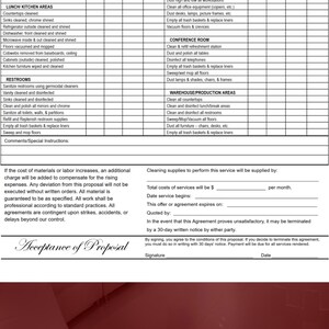 May include: A black and white cleaning service proposal form with the title "Acceptance of Proposal". The form includes a list of cleaning areas, a description of the services provided, and a section for the customer to sign and date the agreement.