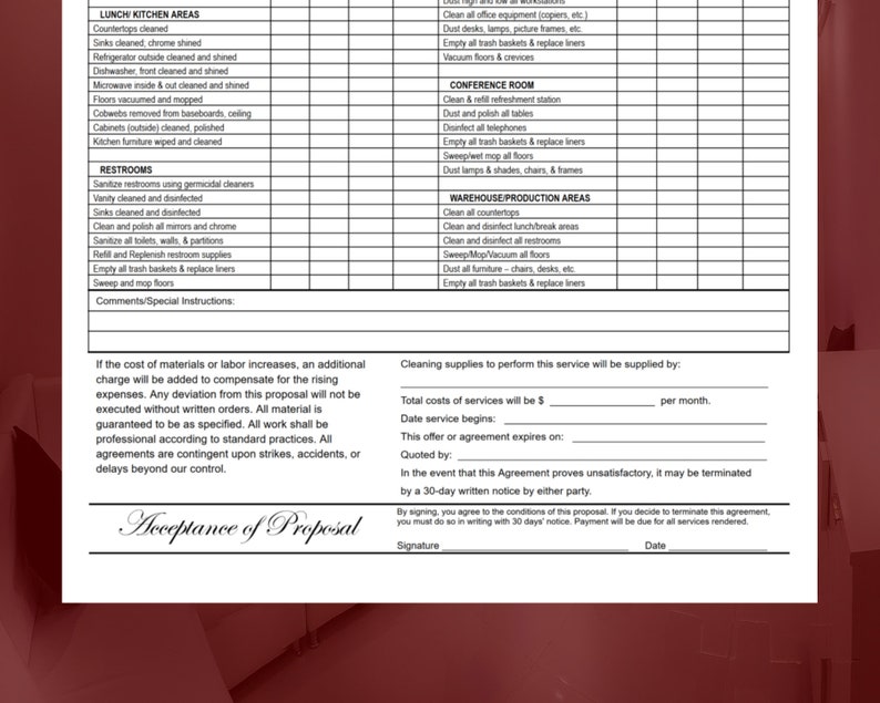 May include: A black and white cleaning service proposal form with the title "Acceptance of Proposal". The form includes a list of cleaning areas, a description of the services provided, and a section for the customer to sign and date the agreement.