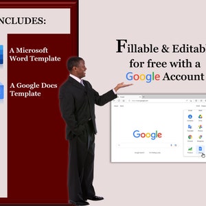 May include: A man in a black suit points to a computer screen showing a Google Chrome browser window with the Google logo and a list of Google apps. The text on the screen reads "Fillable & Editable for free with a Google Account".