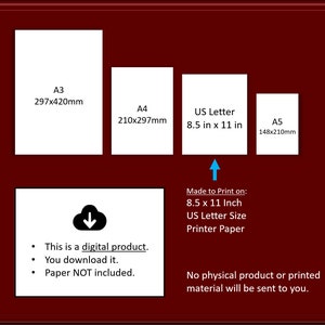 May include: A digital download of printable paper sizes: A3 (297x420mm), A4 (210x297mm), US Letter (8.5 x 11 inches), and A5 (148x210mm). The text states that this is a digital product, you download it, and paper is not included. The image also states that no physical product or printed material will be sent to you.