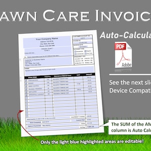 Lawn Care and Maintenance Invoice, Auto-Calculating PDF Fillable Form, Lawn Business, Landscaping Invoice, Lawn Service, Lawn Mowing Receipt