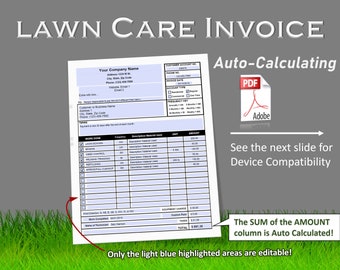 Lawn Care and Maintenance Invoice, Auto-Calculating PDF Fillable Form, Lawn Business, Landscaping Invoice, Lawn Service, Lawn Mowing Receipt