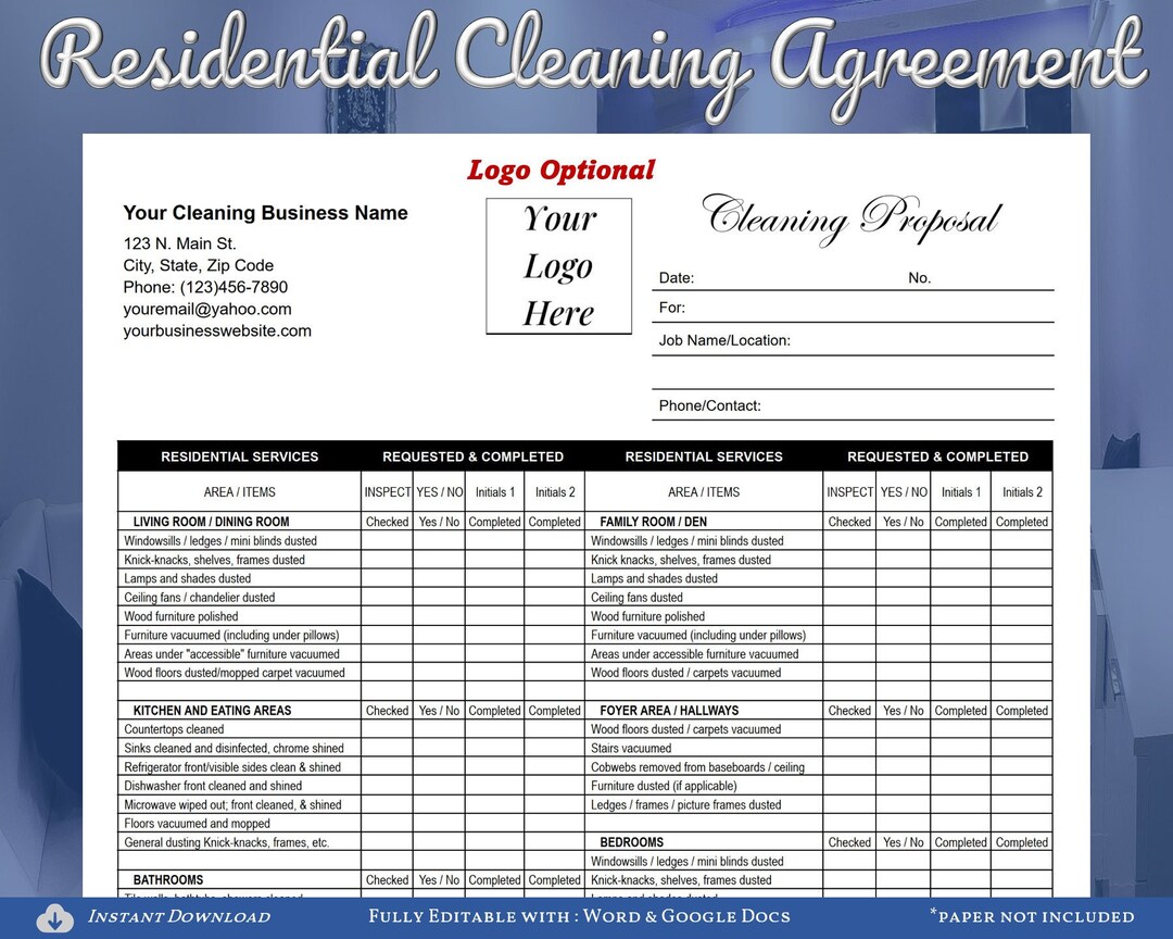 Cleaning Proposal Agreement Checklist for Residential Cleaning Business