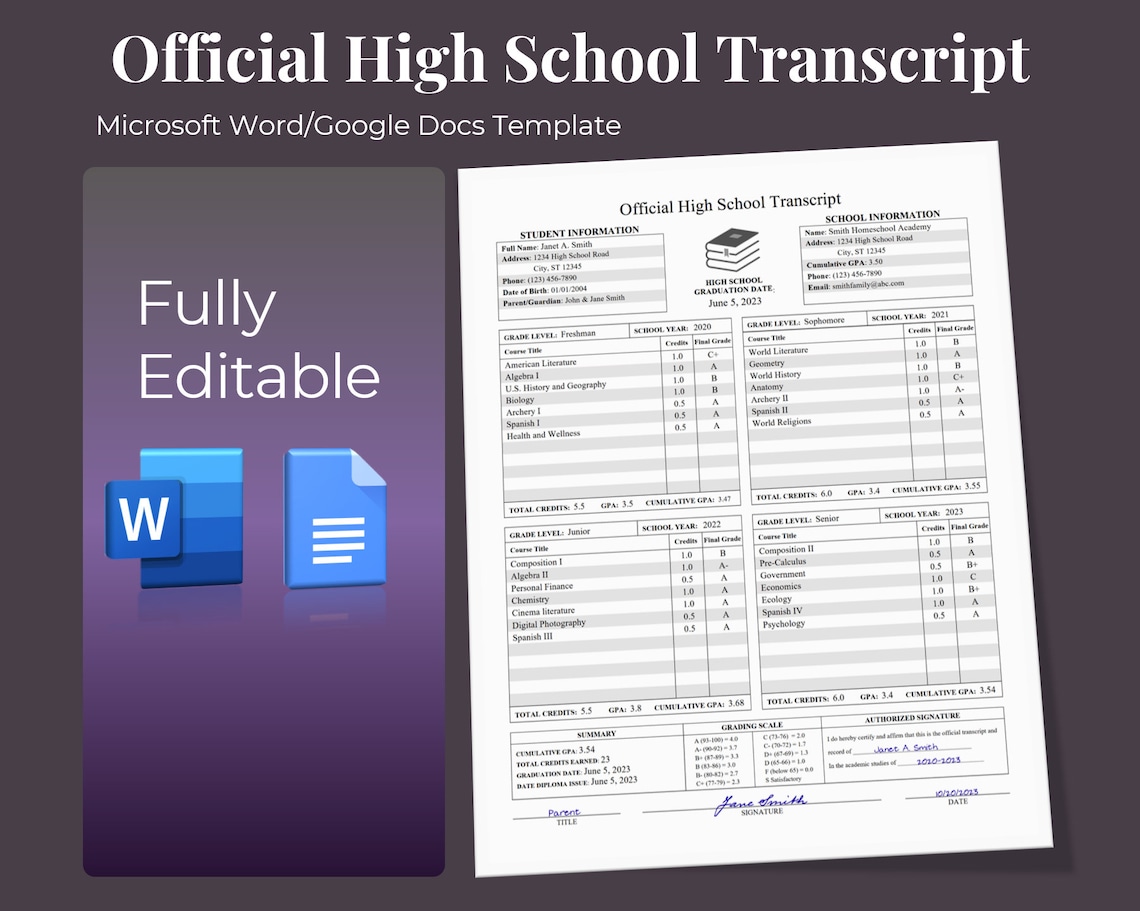 Fillable Printable High School Transcript Template Homeschool - Etsy