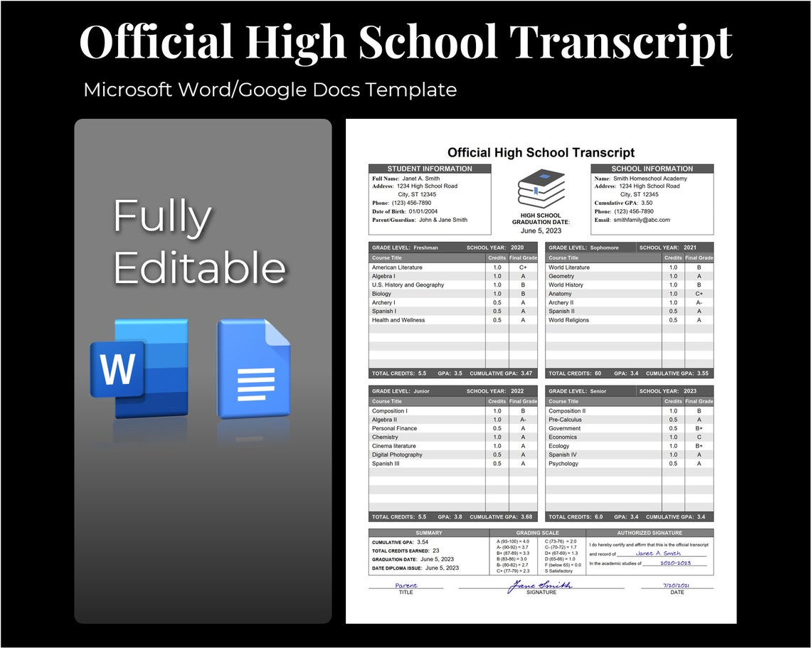 Editable High School Transcript Template, Fillable and Printable ...