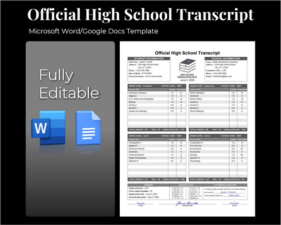 Editable High School Transcript Template Fillable and - Etsy