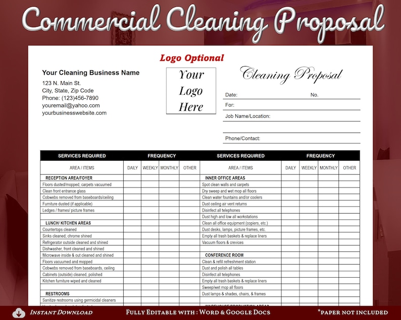 May include: A printable commercial cleaning proposal template with a checklist of services and frequency options. The template includes areas such as reception, lunch kitchen, restrooms, inner office, and conference room. The document is fully editable with Word and Google Docs.
