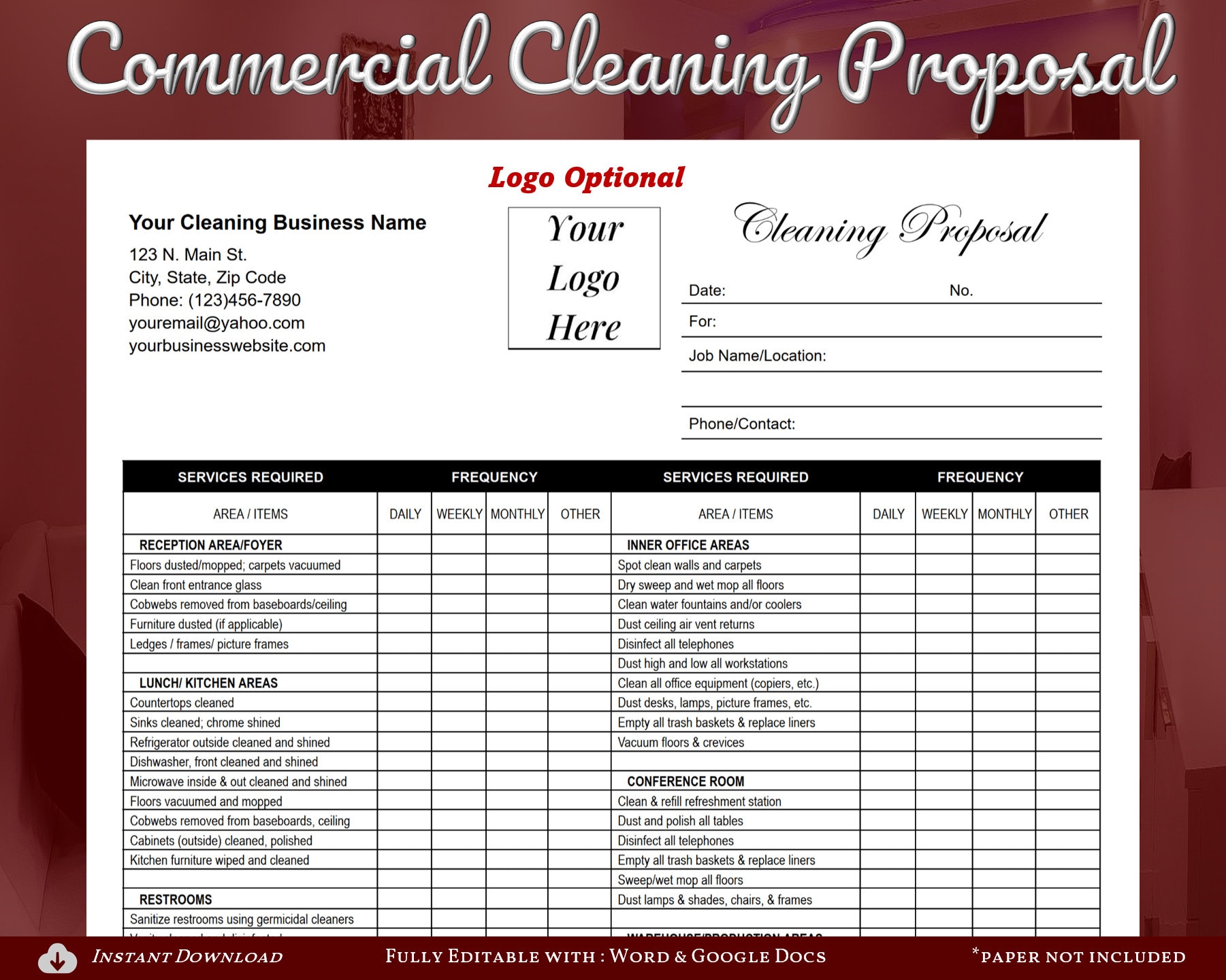 Commercial Cleaning Proposal Cleaning Checklist Cleaning Etsy