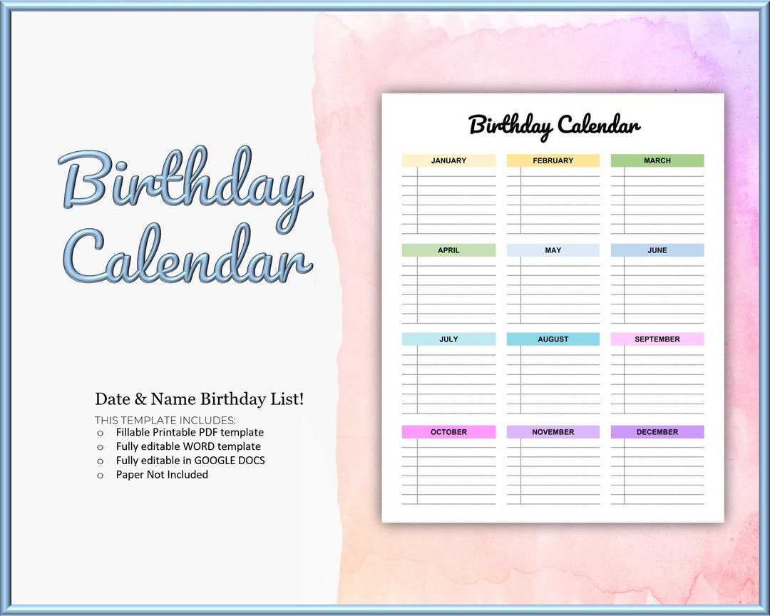 Birthday Calendar Template, Birthday Tracker List, Editable Printable