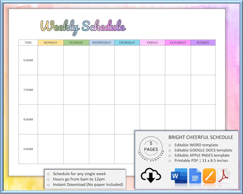 EDITABLE Weekly Schedule Template, WORD, Google Docs, Apple Pages ...