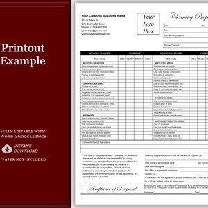 May include: A black and white cleaning proposal template with a red border. The template includes sections for services required, frequency, and contact information. The text "Printout Example" is in the top left corner.