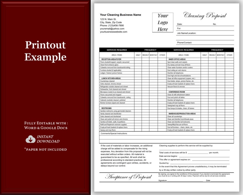 May include: A black and white cleaning proposal template with a red border. The template includes sections for services required, frequency, and contact information. The text "Printout Example" is in the top left corner.