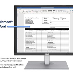 May include: A computer screen displaying a Microsoft Word document with a cleaning proposal template. The template includes sections for service required, frequency, and area items. The document is titled "Cleaning Proposal" and includes a space for the business name, logo, date, and contact information.