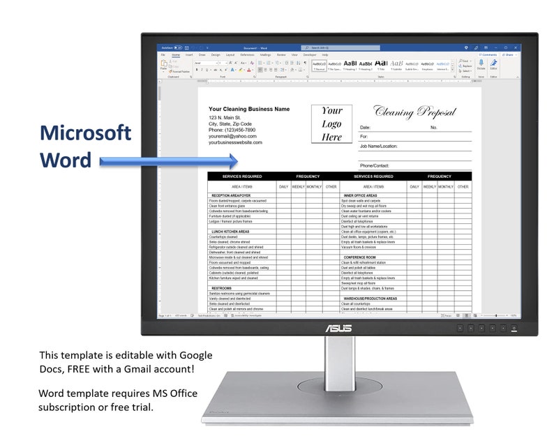 May include: A computer screen displaying a Microsoft Word document with a cleaning proposal template. The template includes sections for service required, frequency, and area items. The document is titled "Cleaning Proposal" and includes a space for the business name, logo, date, and contact information.
