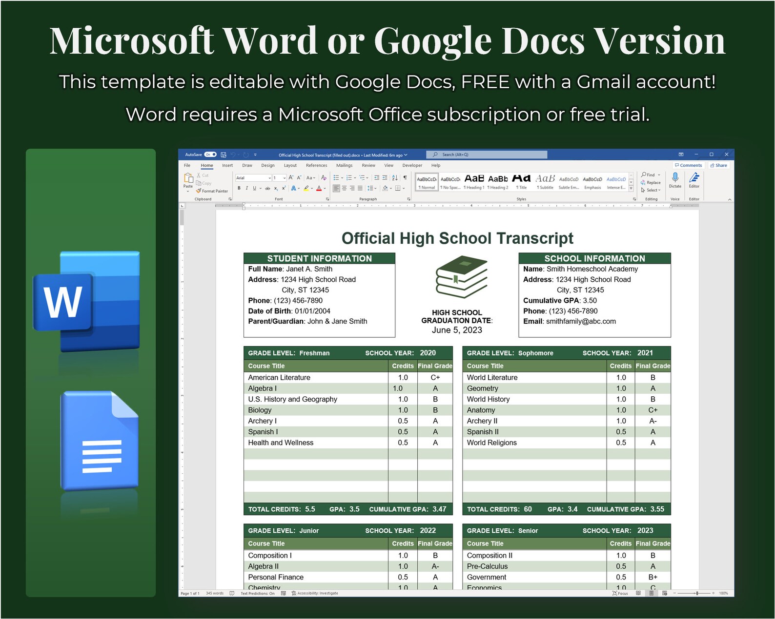 Editable Homeschool Transcript, Fillable and Printable High School ...