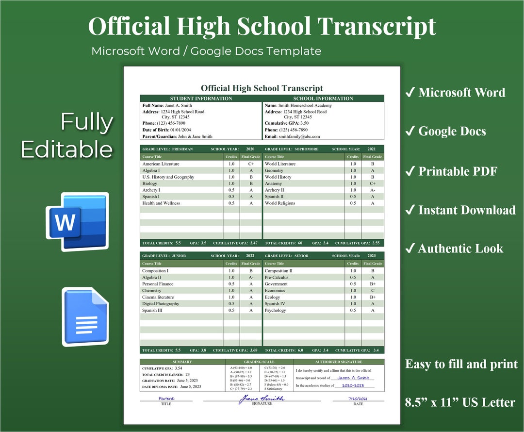 Homeschool high school transcript template google docs home school