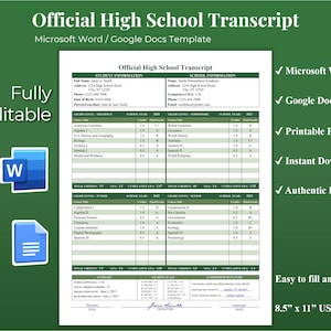 Modello di trascrizione della scuola superiore Homeschool Google Docs, modello di trascrizione della scuola domestica Word, modello modificabile di trascrizione della scuola superiore