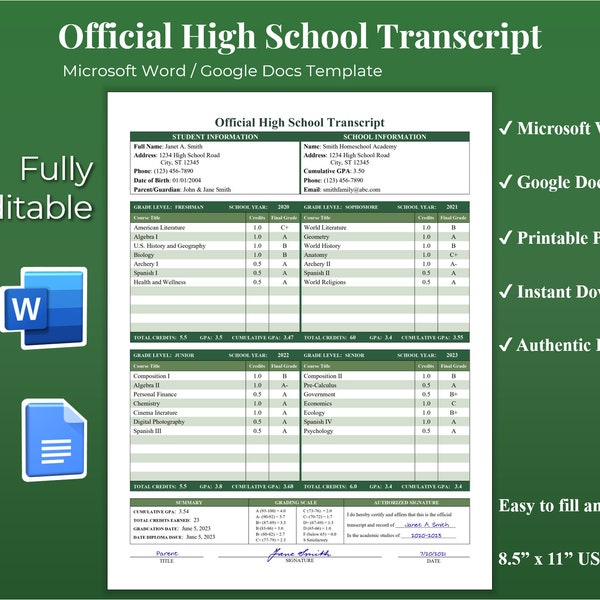 Homeschool High School Transcript Template Google Docs, Home School Transcript Template Word, Editable High School Transcript Template