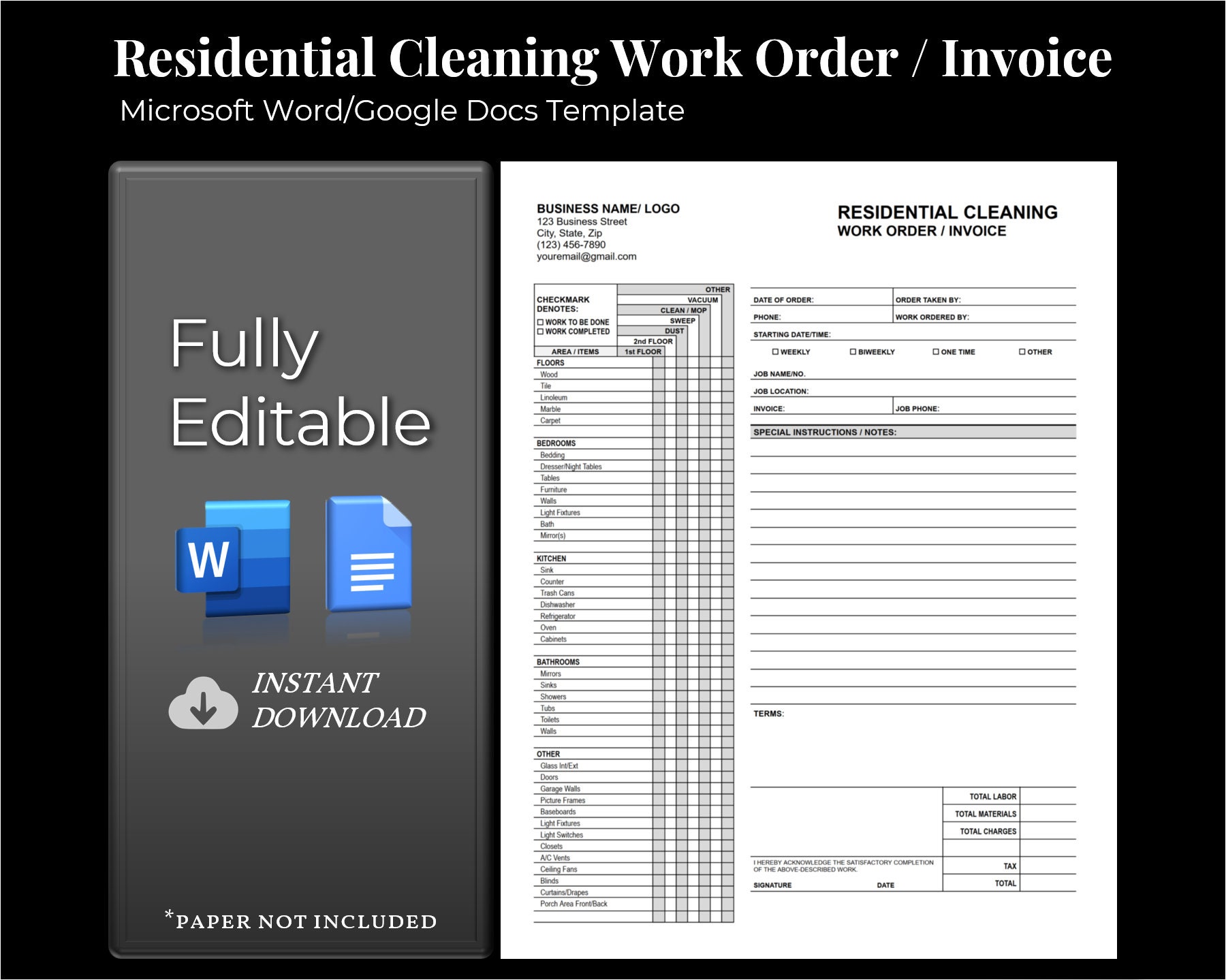 Residential Cleaning WORK ORDER / INVOICE, Cleaning Service Business