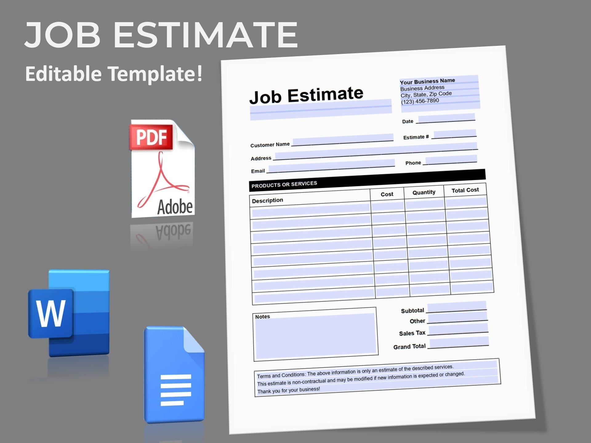 Job Estimate, Fillable PDF, Google Docs, Microsoft Word, Contractors Job Estimate, Fillable PDF, Google Docs, Microsoft Word, Contractors