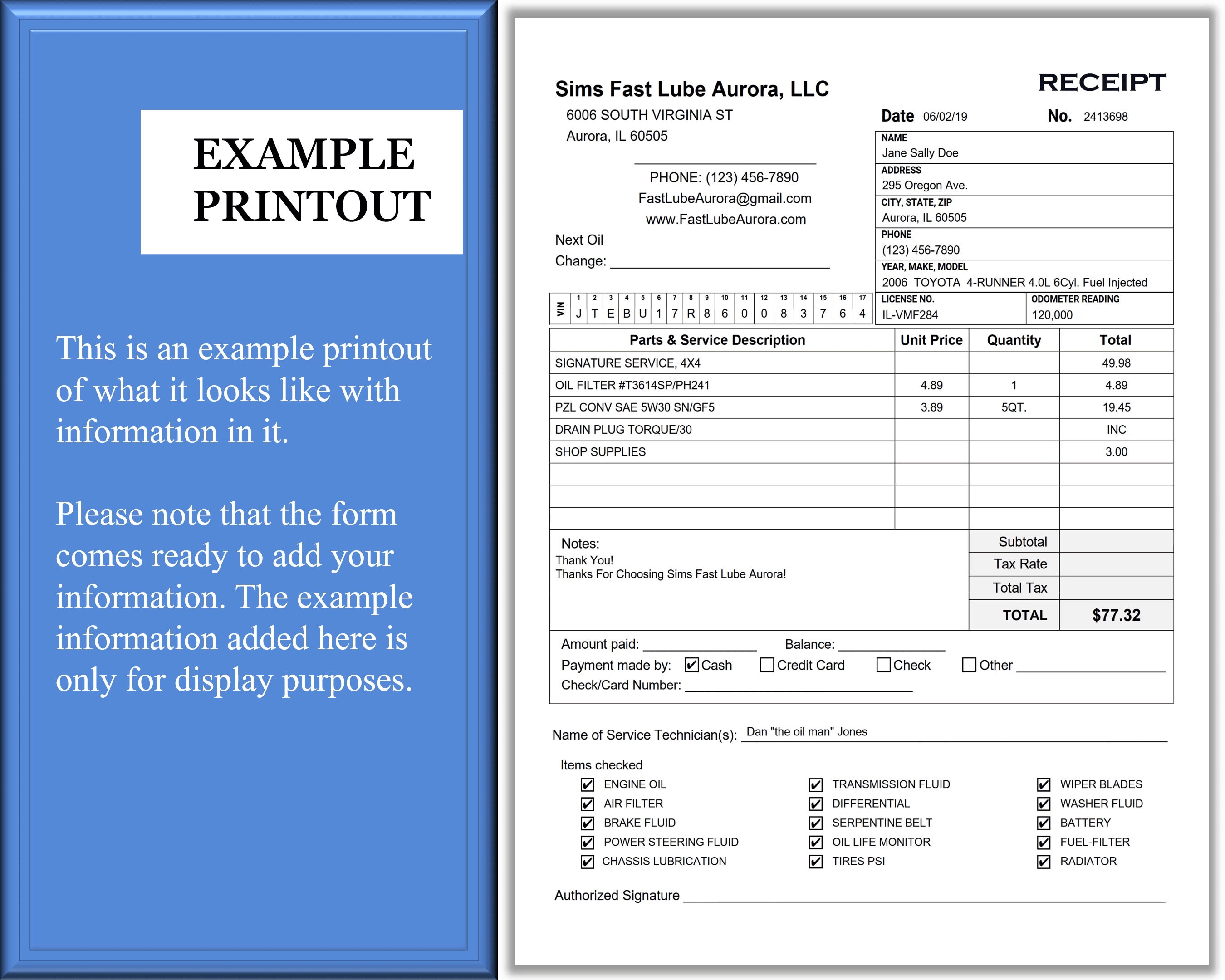 Oil Change Receipt, Automotive Service Invoice, Editable PDF Auto