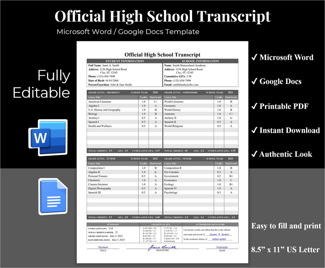 High School Transcript Template Google Docs Printable Homeschool high-school-transcript-template-google-docs-printable-homeschool