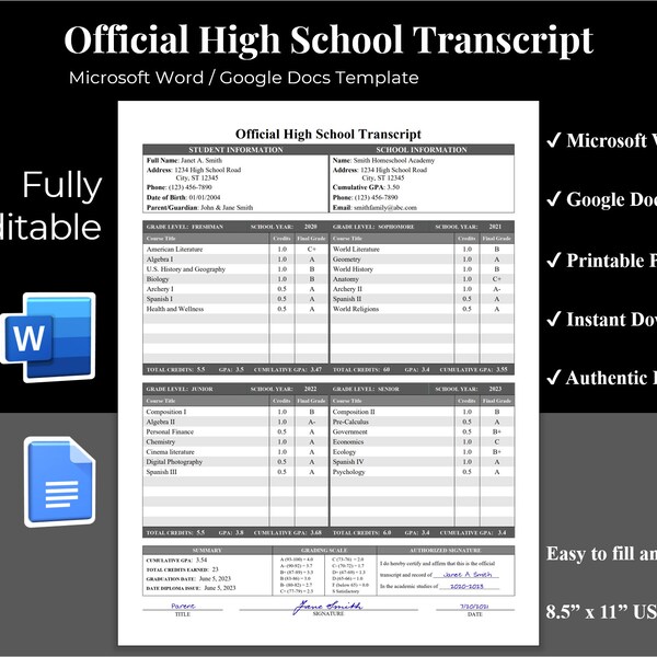 Abitur-Abschrift Vorlage Google Docs, druckbare Abschrift Vorlage Homeschool PDF, ausfüllbare druckbare Transkript-Wort