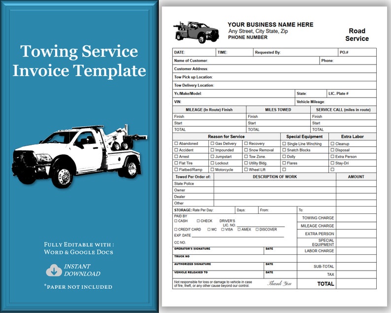 Towing Invoice, Tow Truck Service Invoice, Wrecker Service Invoice