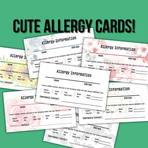 Child allergy caution card, Adult out to eat business card, Food allergy, Be safe around food, Allergen card, Allergy safety