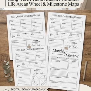 May include: A 12-year goal setting planner bundle featuring printable pages for 2027-2030, 2031-2034, and 2035-2038, plus a monthly overview sheet. The white paper documents include sections for goal titles, milestones, and life areas wheels.