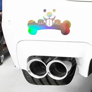 Peeking Dog with Bone Vinyl Decal Sticker - Reflective/Multi Color - Free Shipping