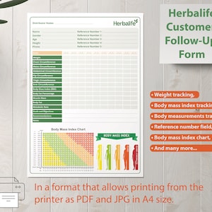 Könnte beinhalten: Ein druckbares Herbalife Kunden-Follow-Up-Formular mit einem Body-Mass-Index-Diagramm, Gewichtsverfolgung und Referenznummernfeldern. Das Formular ist für den Einsatz mit einem Drucker konzipiert und in den Formaten PDF und JPG verfügbar.