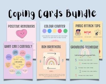 Puede incluir: Un conjunto de tarjetas de afrontamiento imprimibles con ilustraciones y texto coloridos. Las tarjetas incluyen recordatorios positivos, contador de colores, consejos para ataques de pánico, qué puedo controlar, respiración en caja y técnicas de conexión a tierra.