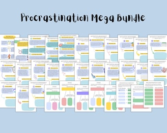 May include: A set of printable worksheets designed to help manage procrastination and boost motivation. The worksheets feature colourful illustrations and text boxes for writing down goals, strategies, and insights. The worksheets are designed to help individuals identify their procrastination triggers, develop coping mechanisms, and stay motivated to achieve their goals.