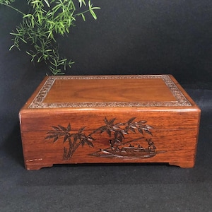 Vintage Chinese Carved Hardwood Jewellery Box with Working Lock & Key Blue Velvet Lined Removable Tray