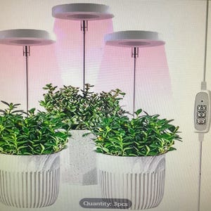 Peut inclure: Trois lampes de culture blanches avec une lumière rose, chacune avec une plante en pot en dessous. Les lampes sont connectées à un adaptateur secteur USB blanc avec un contrôle par bouton blanc.