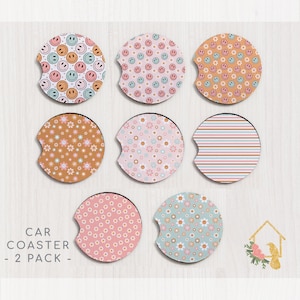 Trendy Retro Car Coaster - Trendy Car Accessories - Cute Neoprene Car Coaster Set - Teen Gift - Preppy Car Decor - Neutral Aesthetic