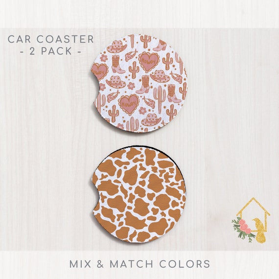 Coquette Cowgirl Car Coaster Set - Trendy Car Accessories - Cute Neoprene Car Coasters - Teen Gift - Preppy Car Decor - Neutral Aesthetic