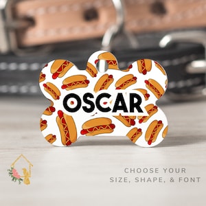 Hot Dog Pet Tag - Customizable Dog ID with Cute Wiener Theme - Personalized Pet Accessories for Dogs and Cats - Food Inspired Cat Tag