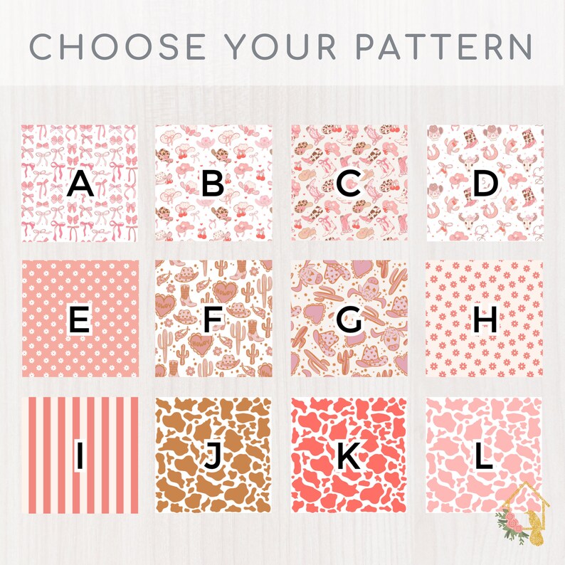 May include: A grid of 12 different pink and brown patterns, labeled with letters A through L. The patterns include bows, cowboy boots, cacti, polka dots, stripes, and cow print.