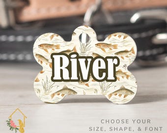 Personalized Trout Fish Pet ID Tag - Custom Name Dog Tag, Fishing Lover Gift, Outdoor Dog Collar Tag, Rustic Pet Name Tag - River Theme Tag