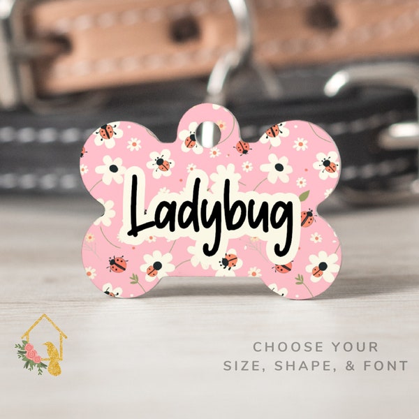 Ladybug Flower Pet Tag - Customizable Dog ID with Cute Ladybug Theme - Personalized Pet Accessories for Dogs and Cats - Floral Inspired Tag