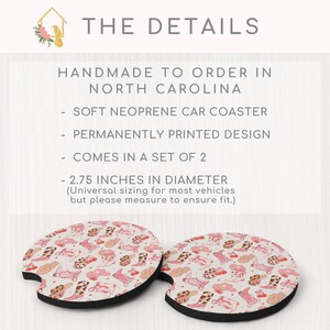 May include: Set of two pink and brown car coasters with a cowboy boot and hat pattern. The coasters are made of soft neoprene and are 2.75 inches in diameter. The coasters are handmade to order in North Carolina.